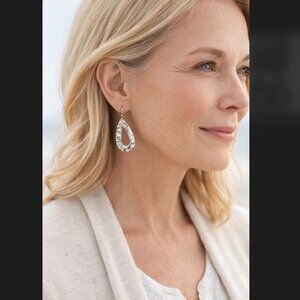 J. Jill Teardrop Dangle Earrings Hammered Silver Crystal Shimmer Boho Coastal